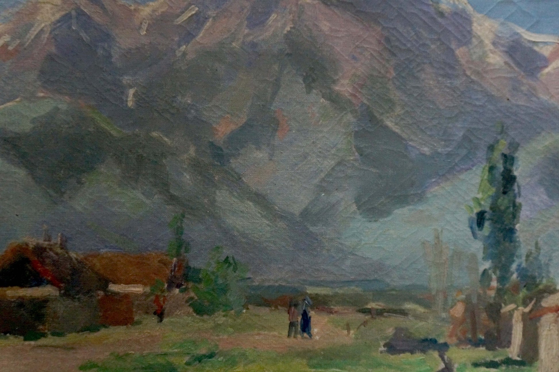 Oil painting of mountainous landscape with rustic wooden structures and sparse trees