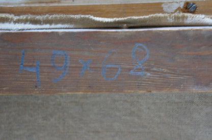 Back of Oil painting Landscape in the mountains: weathered plank with faded 49x68 measurements