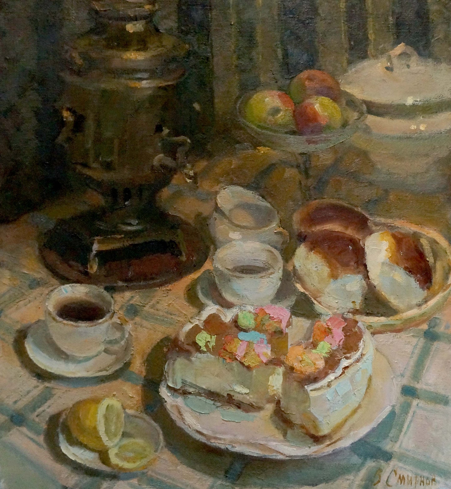 Oil painting of golden samovar by Smirnov Valentin Sergeevich