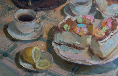 Oil painting by Smirnov Valentin Sergeevich of creamy white cake with colorful textured frosting and slice cut out on plate