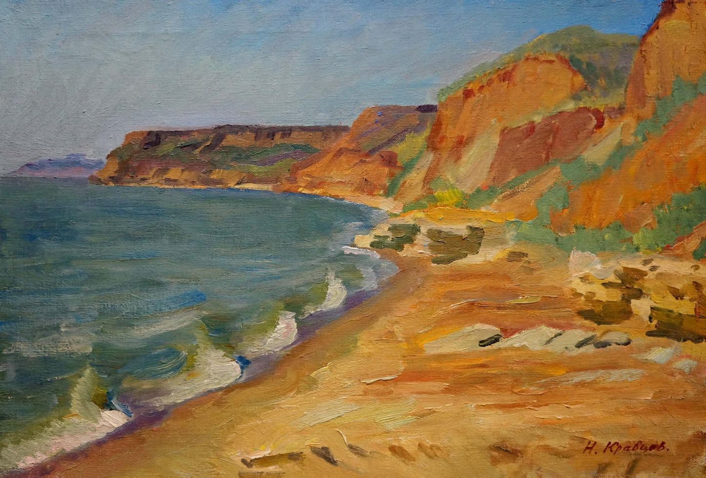 Oil painting by Kravtsov Nikolay Fedorovich: sunlit cliffs, turquoise waves on golden sand