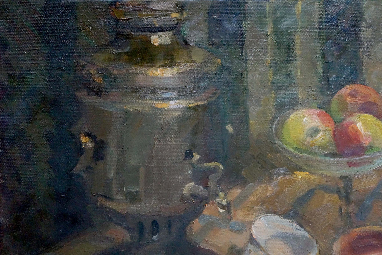 Oil painting of ornate silver samovar by Smirnov Valentin Sergeevich