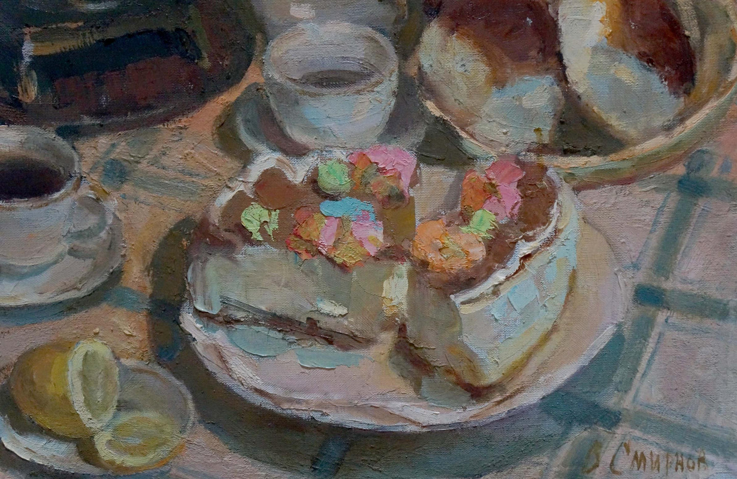 Oil painting of layered cake with colorful textured frosting by Smirnov Valentin Sergeevich