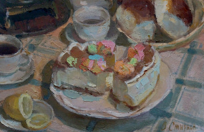 Oil painting of layered cake with colorful textured frosting by Smirnov Valentin Sergeevich