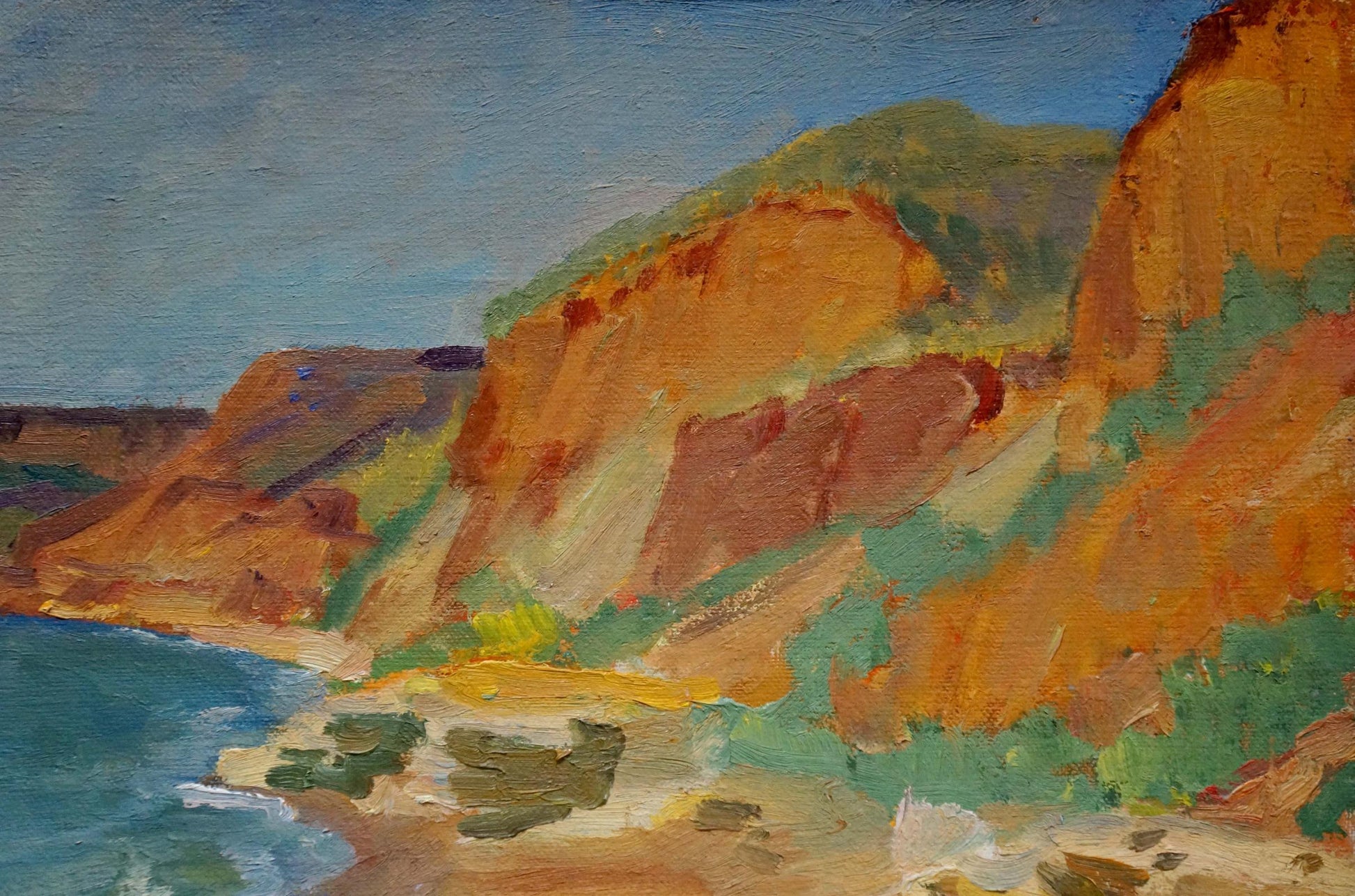Oil painting by Kravtsov Nikolay Fedorovich: orange green cliffs and turquoise waves