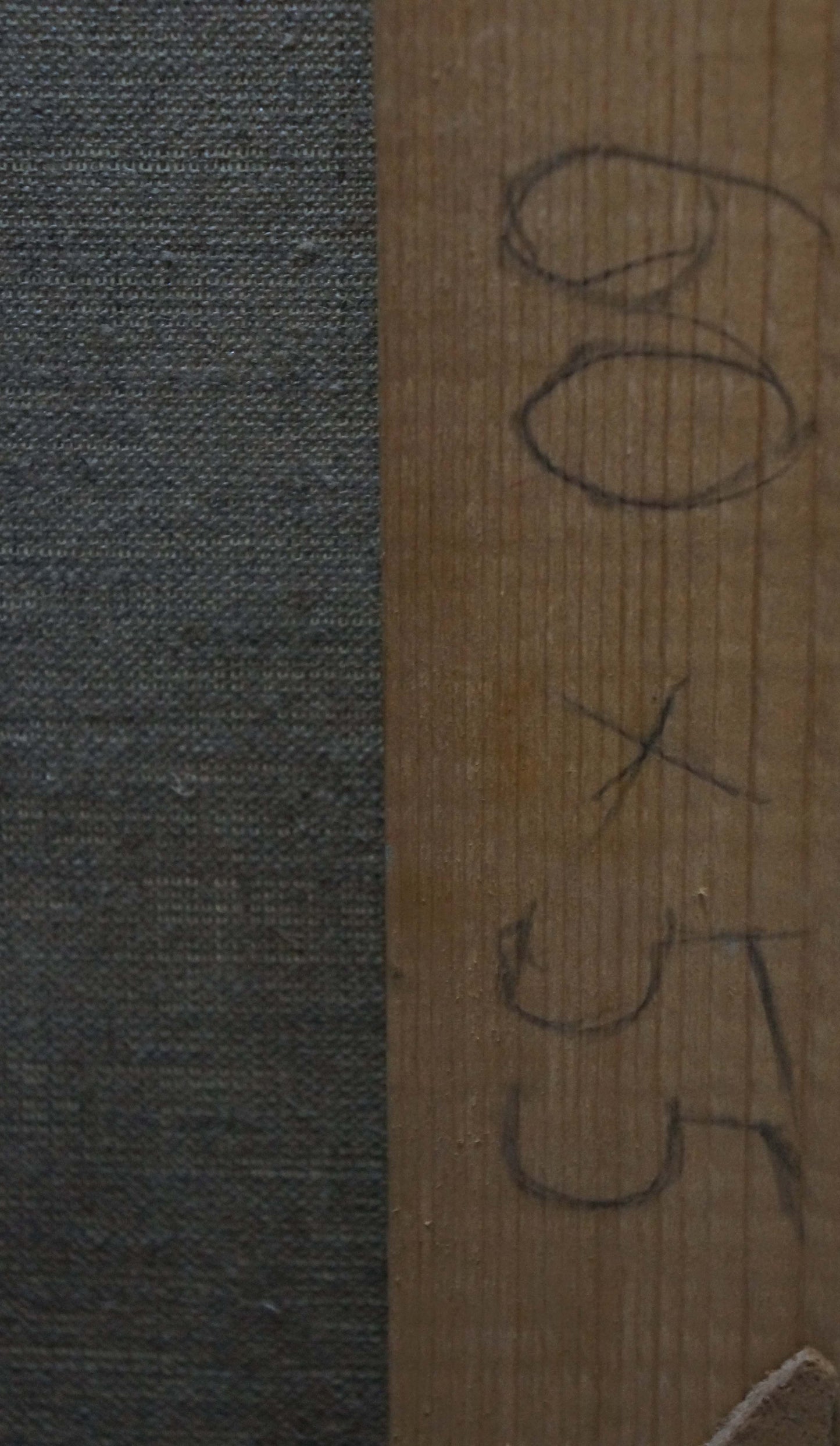Oil painting back: dark gray textured fabric on light brown wood with handwritten measurements by Smirnov Valentin Sergeevich