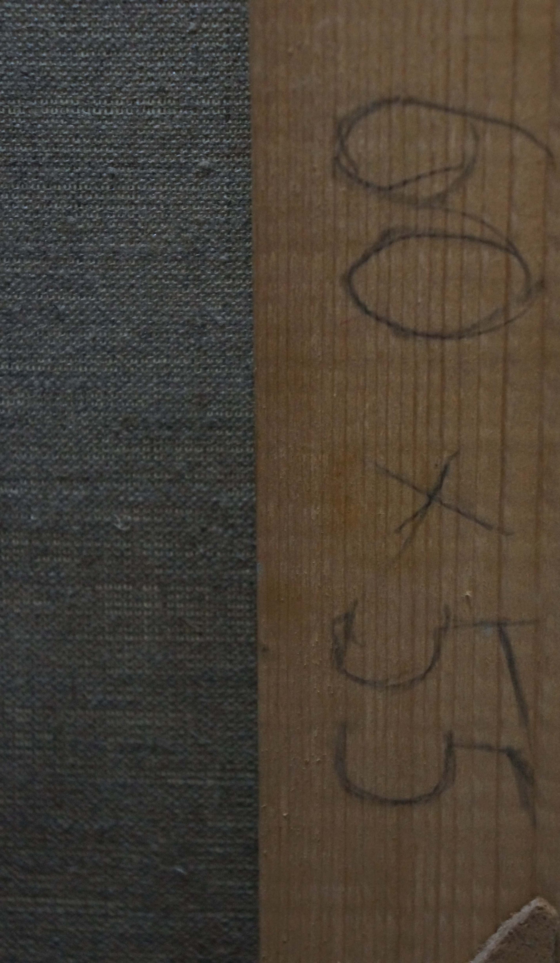 Oil painting back: dark gray textured fabric on light brown wood with handwritten measurements by Smirnov Valentin Sergeevich
