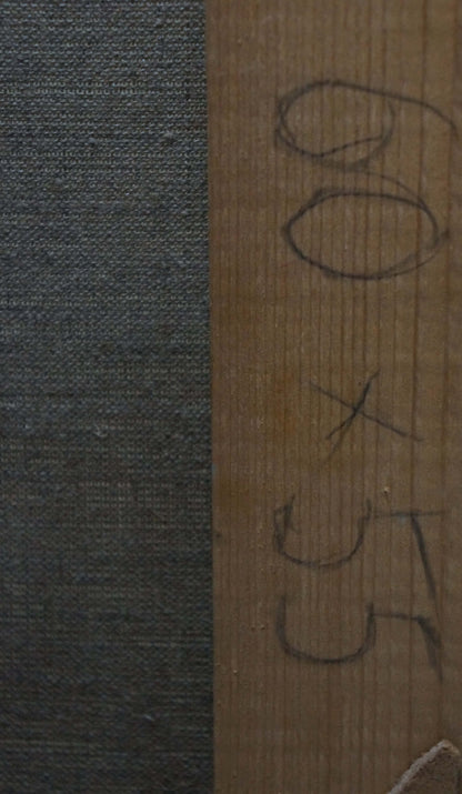 Oil painting back: dark gray textured fabric on light brown wood with handwritten measurements by Smirnov Valentin Sergeevich
