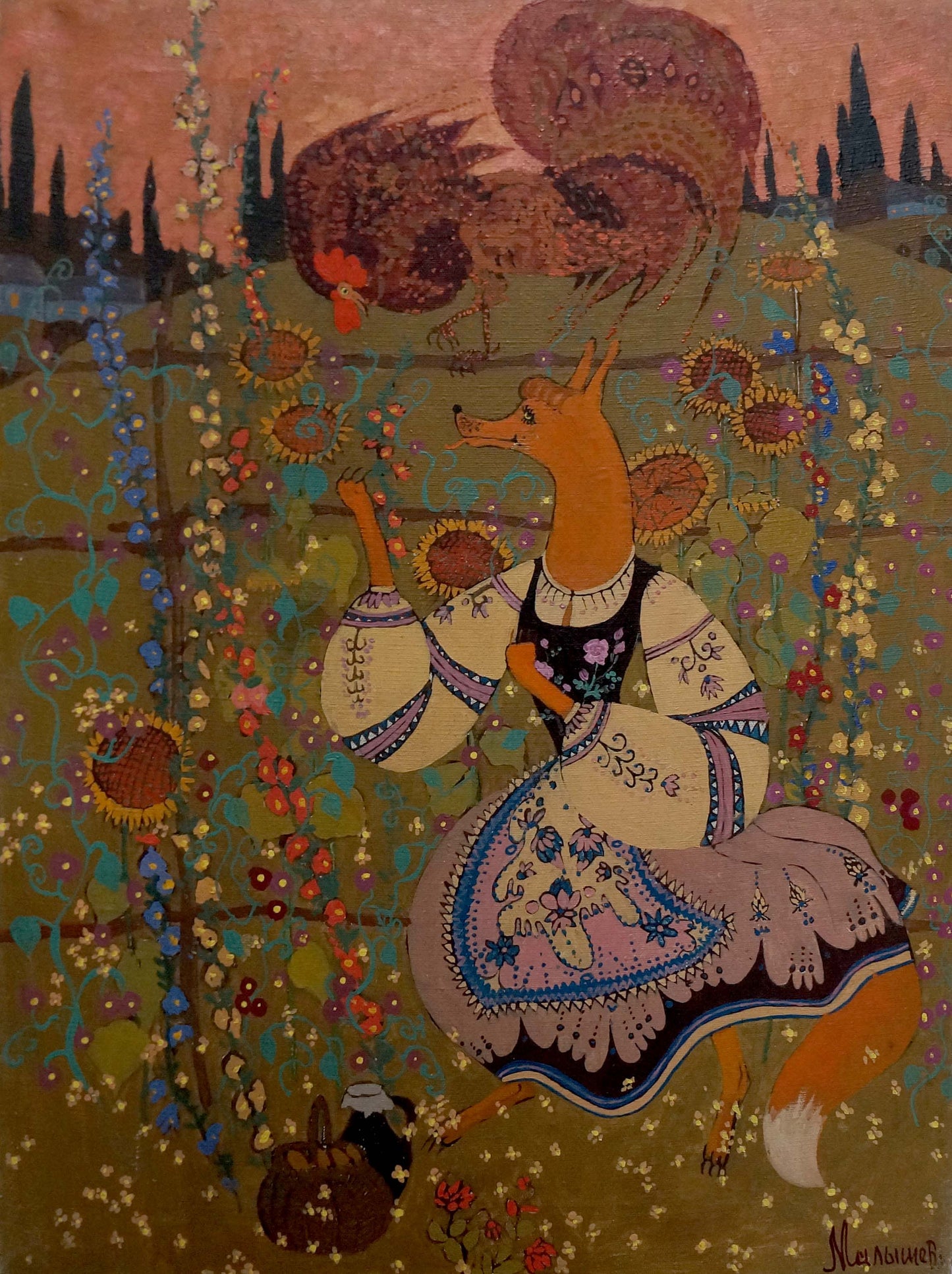 Whimsical fox in embroidered dress amid sunflowers in Malyshev Gennady abstract oil painting