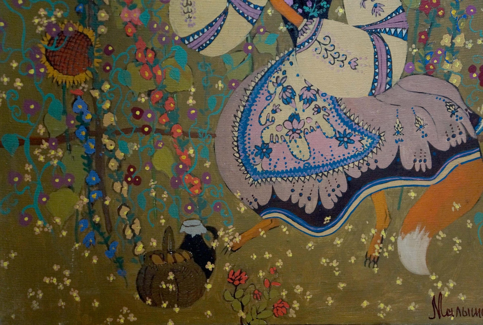 Vibrant lavender blue embroidered folk dress with floral patterns by Malyshev Gennady Iosifovich