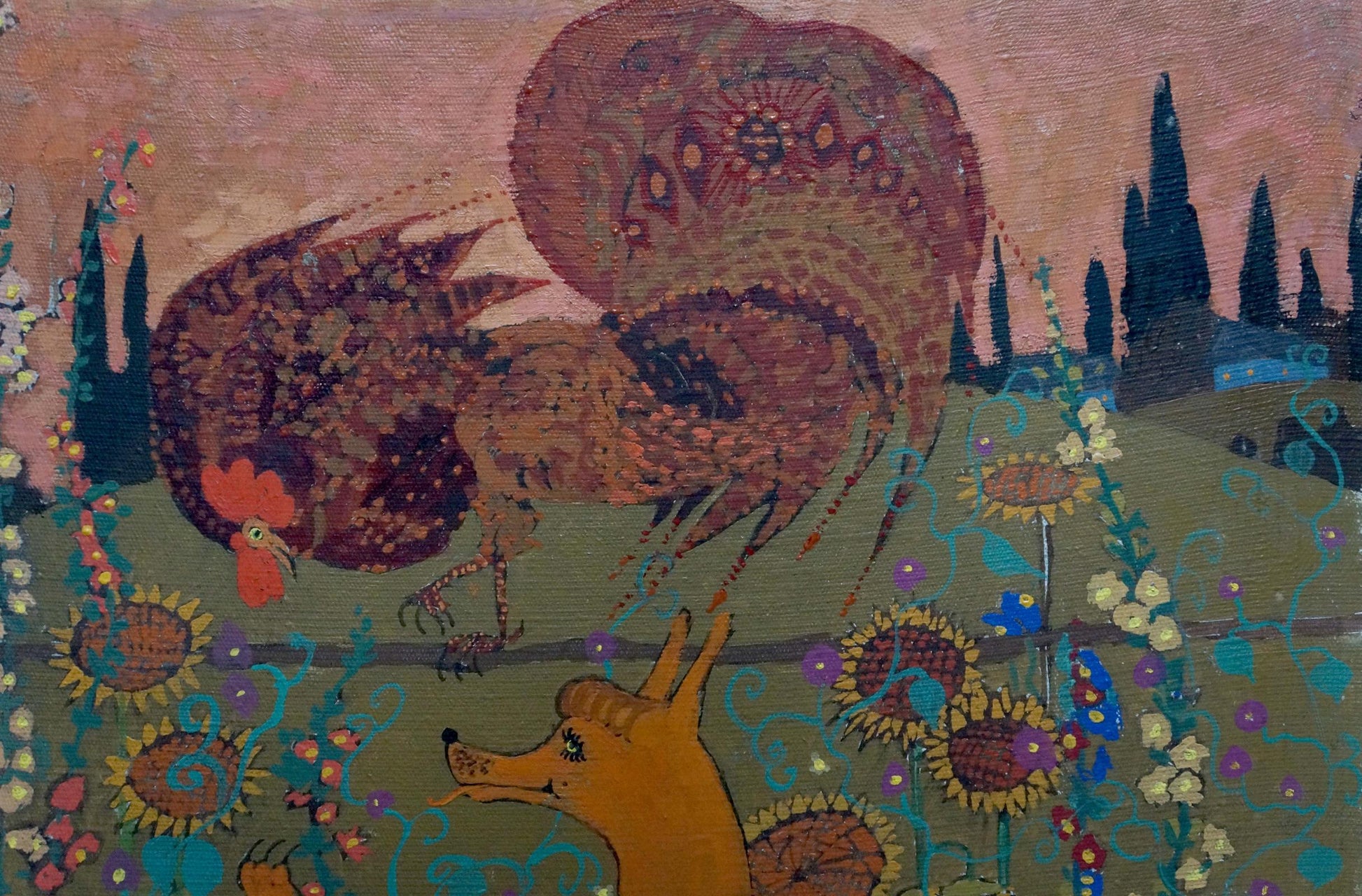 Abstract oil painting by Malyshev Gennady Iosifovich: rooster amid sunflowers