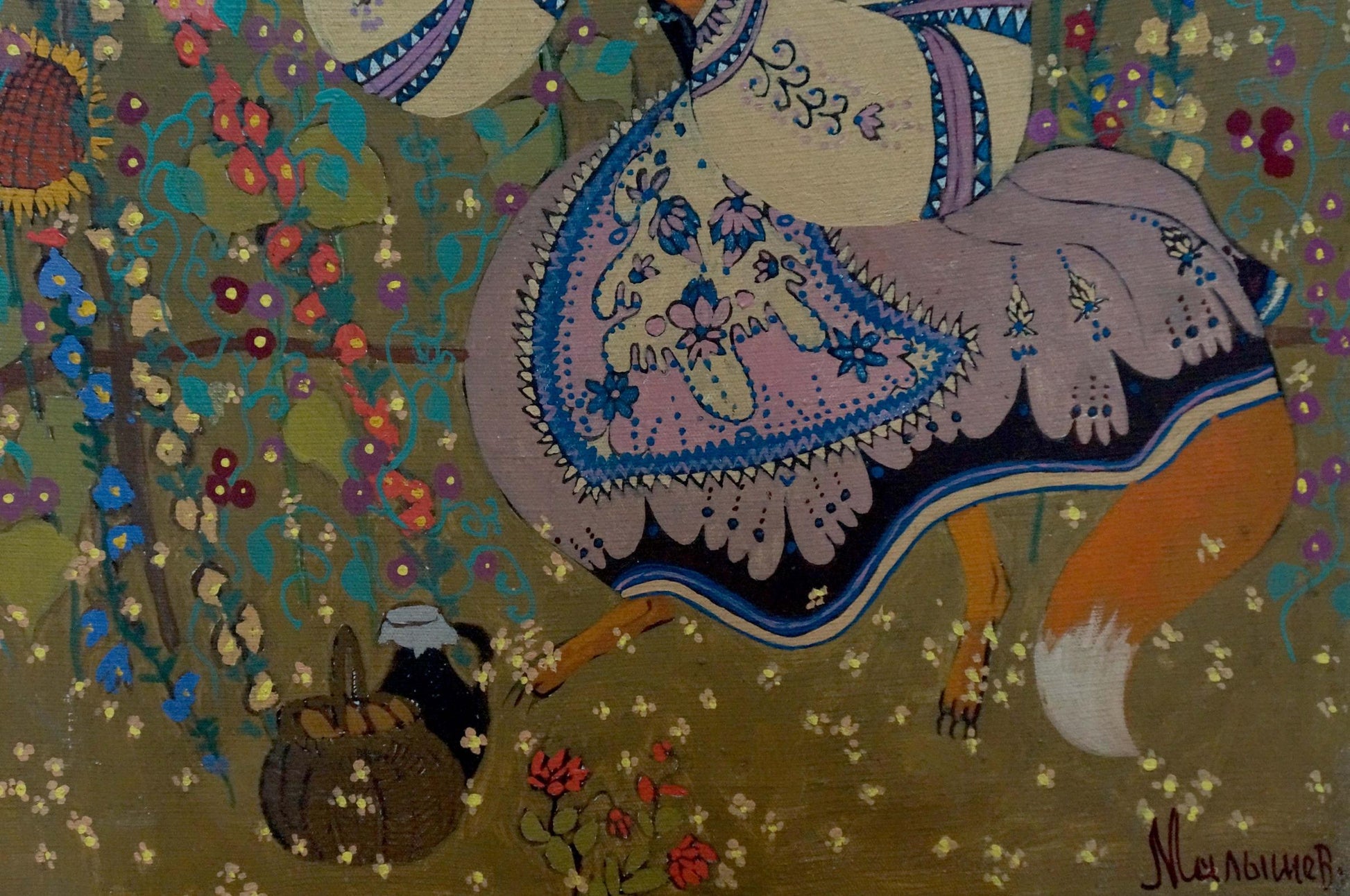 Whimsical fox in lavender dress amid flowers, abstract oil painting by Malyshev Gennady Iosifovich