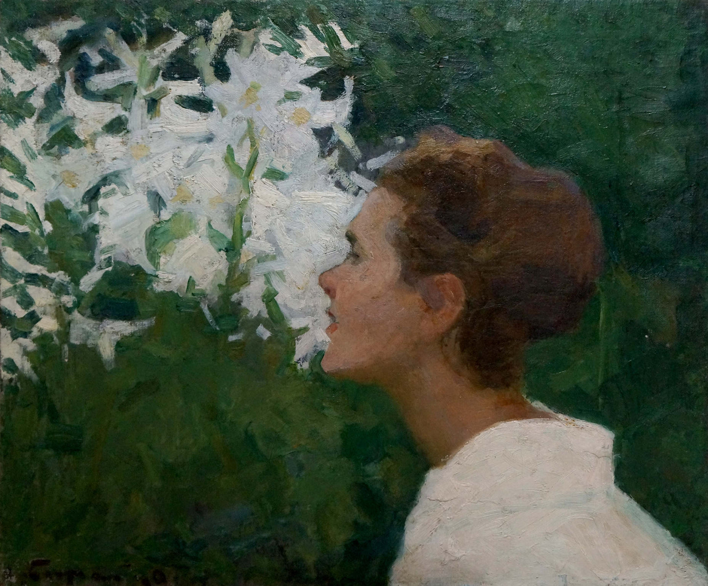 Oil painting In the Garden by Bozhiy Svyatoslav Mikhailovich: woman with updo among white flowers