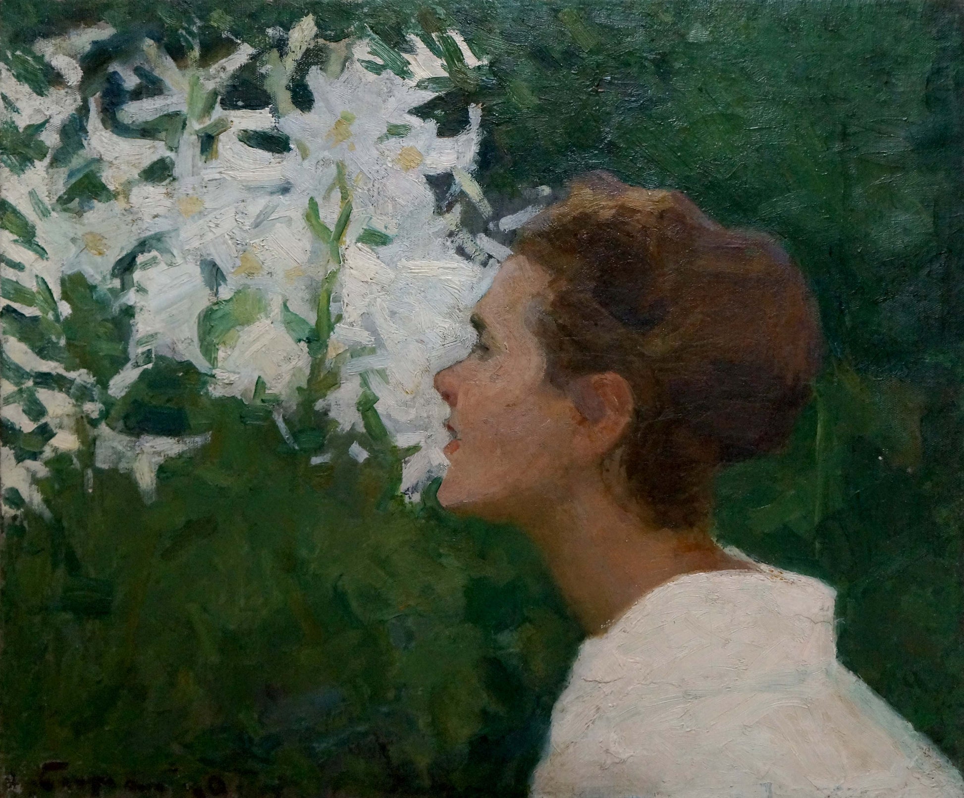Oil painting In the Garden by Bozhiy Svyatoslav Mikhailovich: woman with updo among white flowers