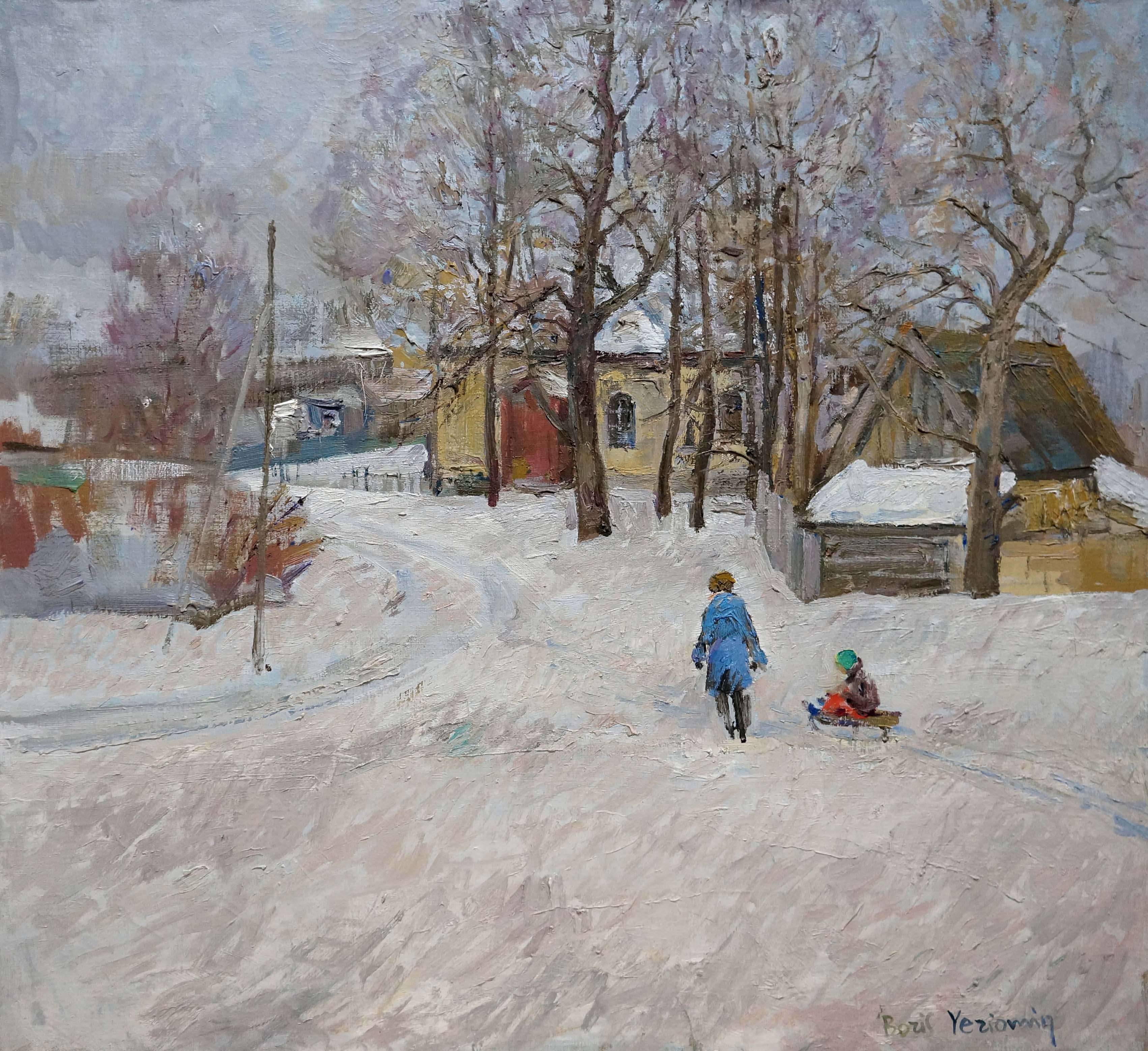 Oil painting by Eremin Boris Alexandrovich: snowy village with child pulling sled