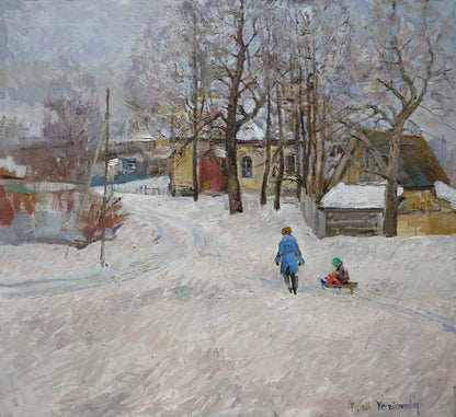 Oil painting by Eremin Boris Alexandrovich: snowy village with child pulling sled
