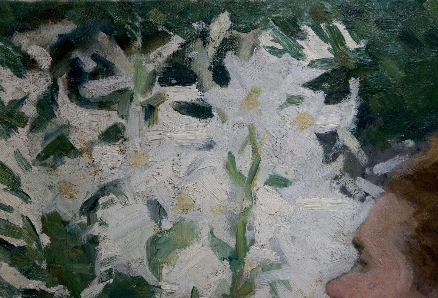 Vibrant impressionist oil painting of white daisies in garden by Bozhiy Svyatoslav Mikhailovich