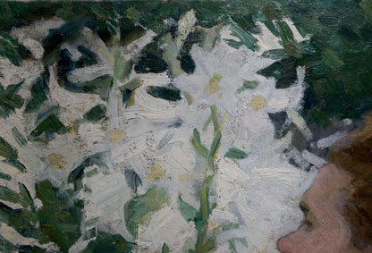 Vibrant impressionist oil painting of white daisies in garden by Bozhiy Svyatoslav Mikhailovich
