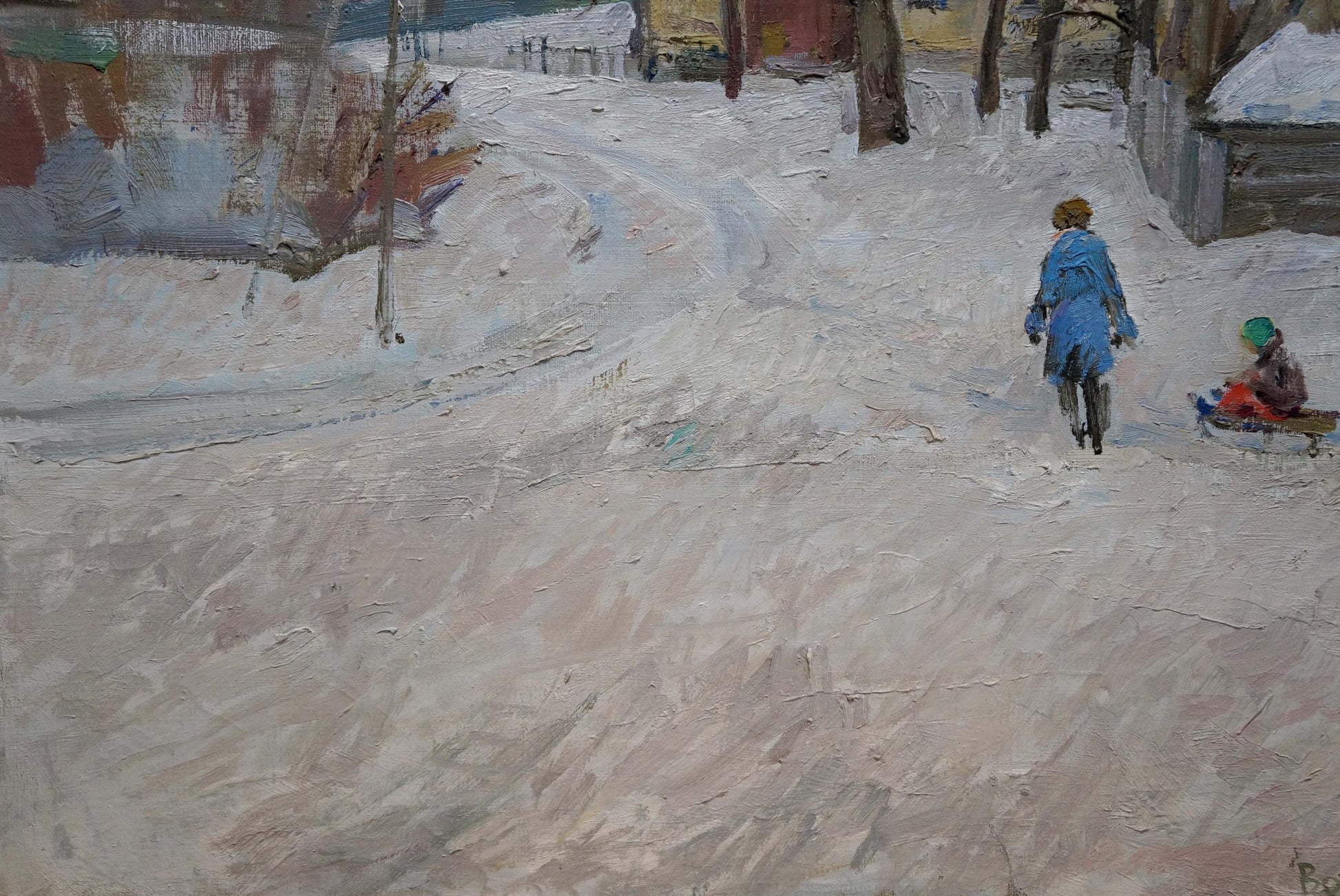 Oil painting by Eremin Boris Alexandrovich: child in blue coat pulls sled in snowy landscape