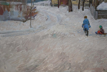 Oil painting by Eremin Boris Alexandrovich: child in blue coat pulls sled in snowy landscape