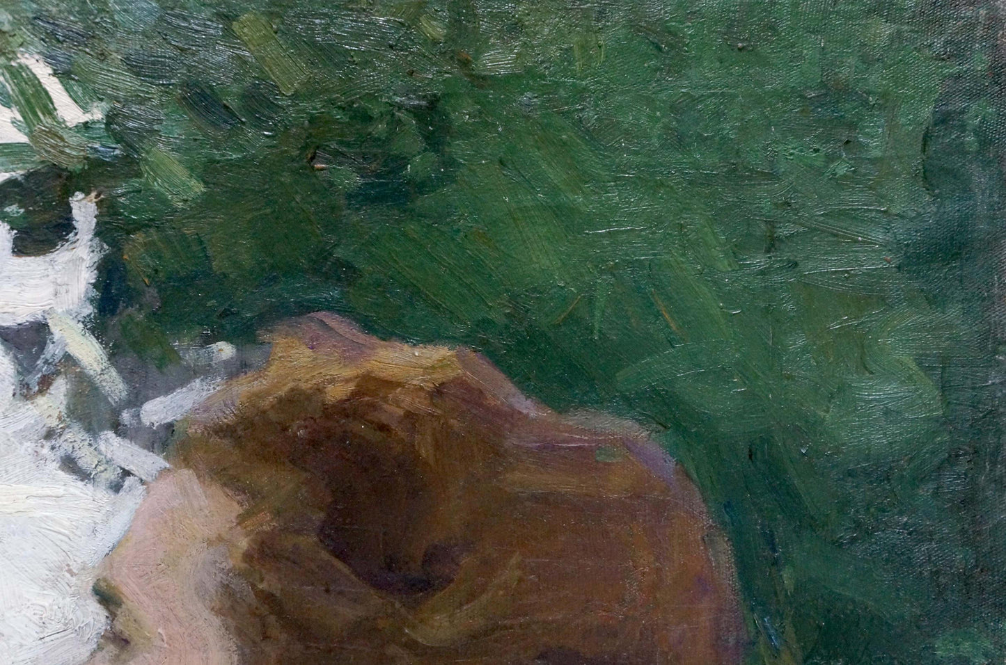 Oil painting In the Garden by Bozhiy Svyatoslav Mikhailovich, hand on lush foliage