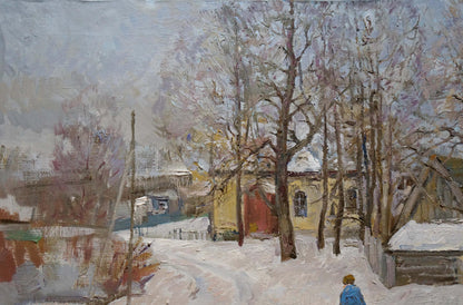 Oil painting by Eremin Boris Alexandrovich: snowy village with yellow house