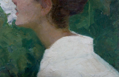 Woman’s neck and shoulder in white textured garment, lush green background, Bozhiy oil painting