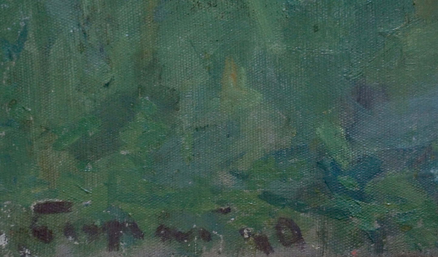 Textured green canvas oil painting In the Garden by Bozhiy Svyatoslav Mikhailovich