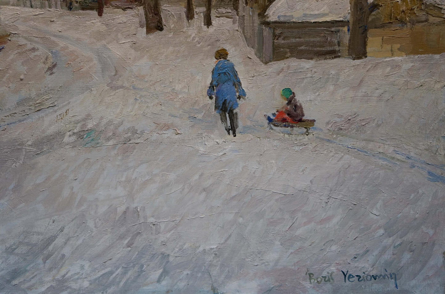 Oil painting by Eremin Boris Alexandrovich: snowy winter scene with woman pushing child on sled