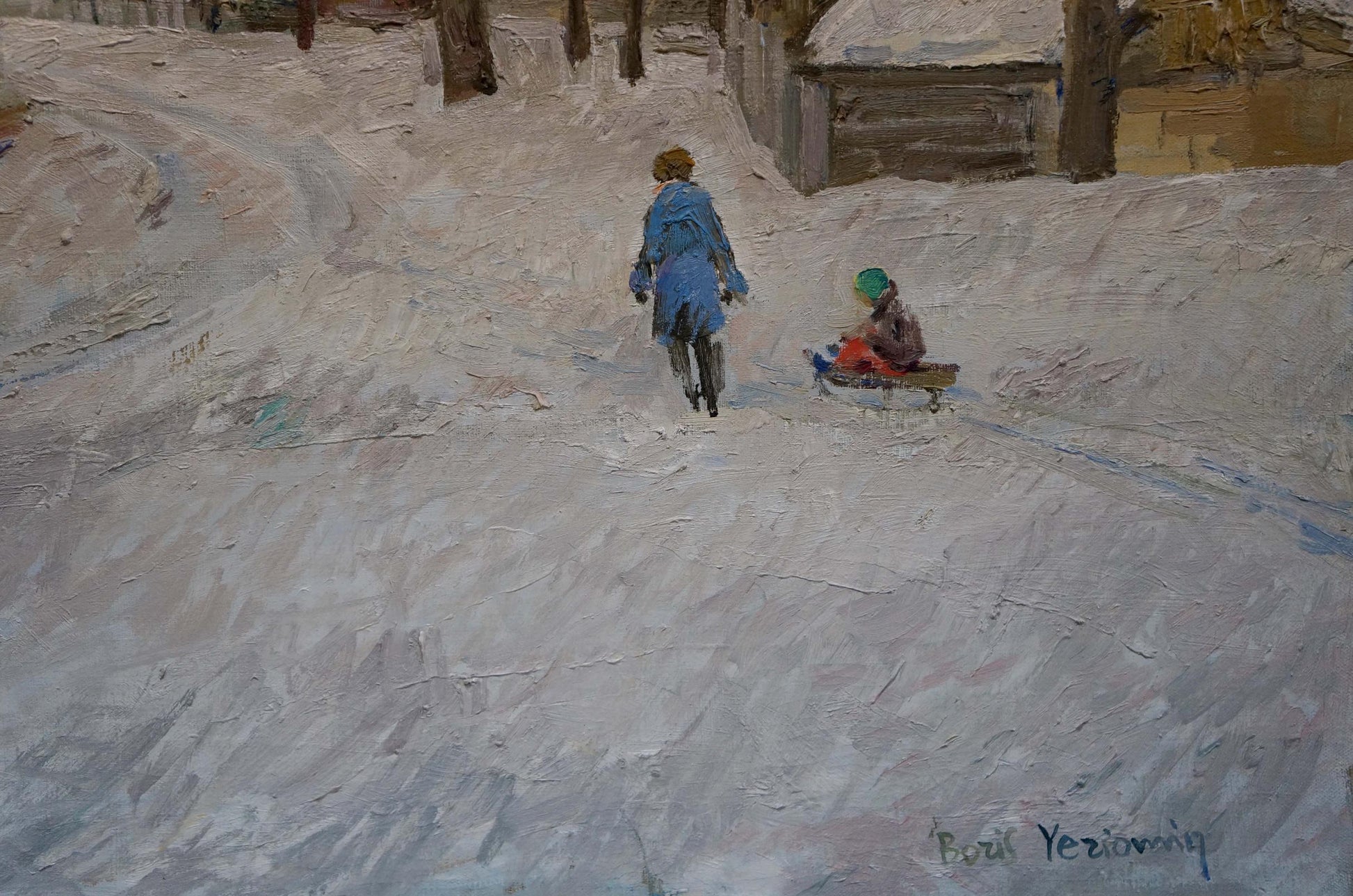 Oil painting by Eremin Boris Alexandrovich: snowy winter scene with woman pushing child on sled