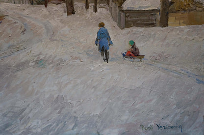 Oil painting by Eremin Boris Alexandrovich: snowy winter scene with woman pushing child on sled