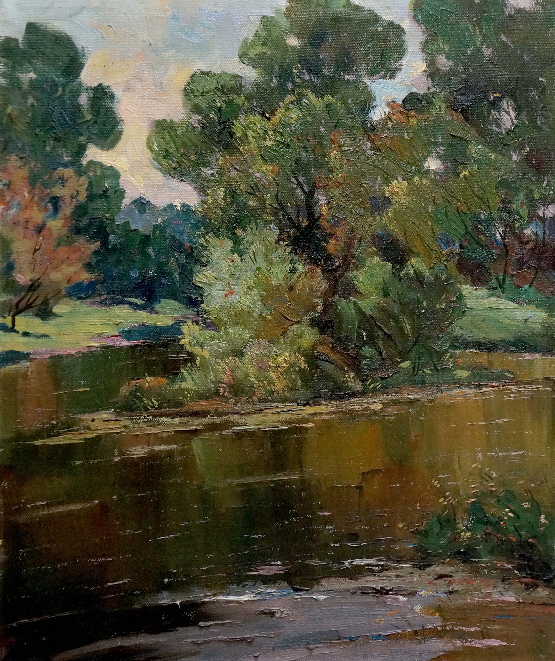 Oil painting Down the River: serene riverbank with lush green trees in golden water