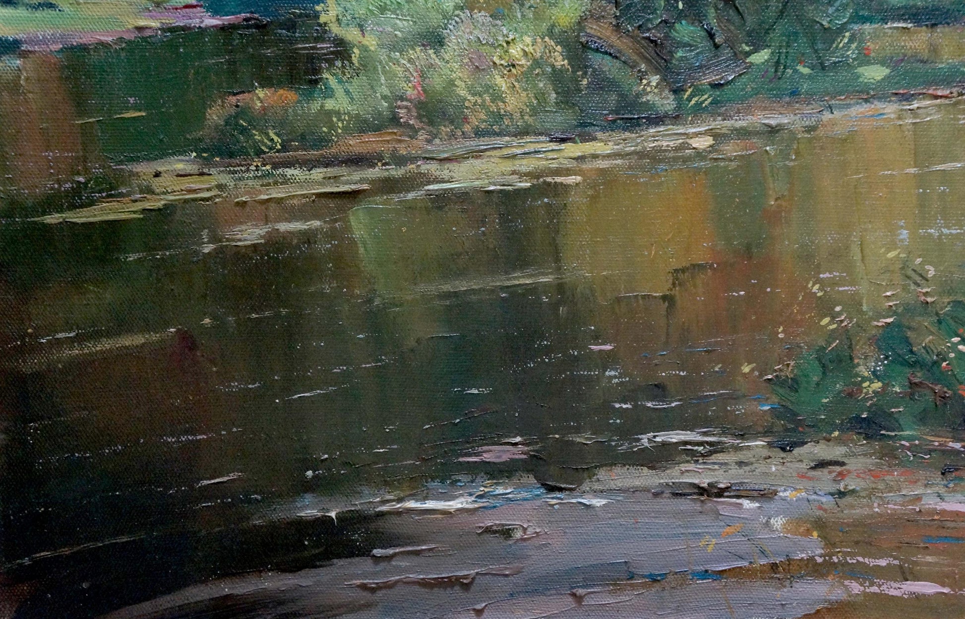 Oil painting Down the River: textured reflective river with lush green foliage