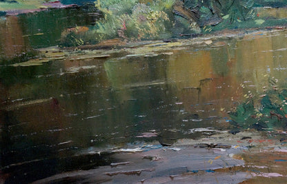 Oil painting Down the River: textured reflective river with lush green foliage
