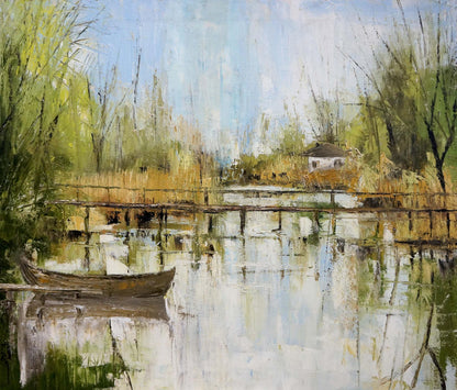Rustic rowboat on calm water oil painting by Merkulov Valentin Nikolaevich