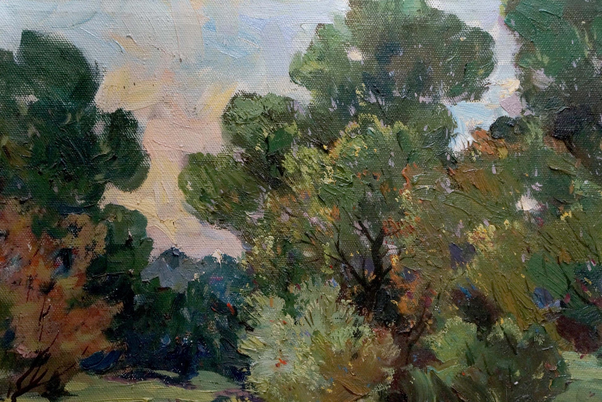 Oil painting Down the River: lush textured forest with river, vibrant greens, autumn tones