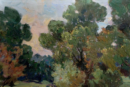 Oil painting Down the River: lush textured forest with river, vibrant greens, autumn tones