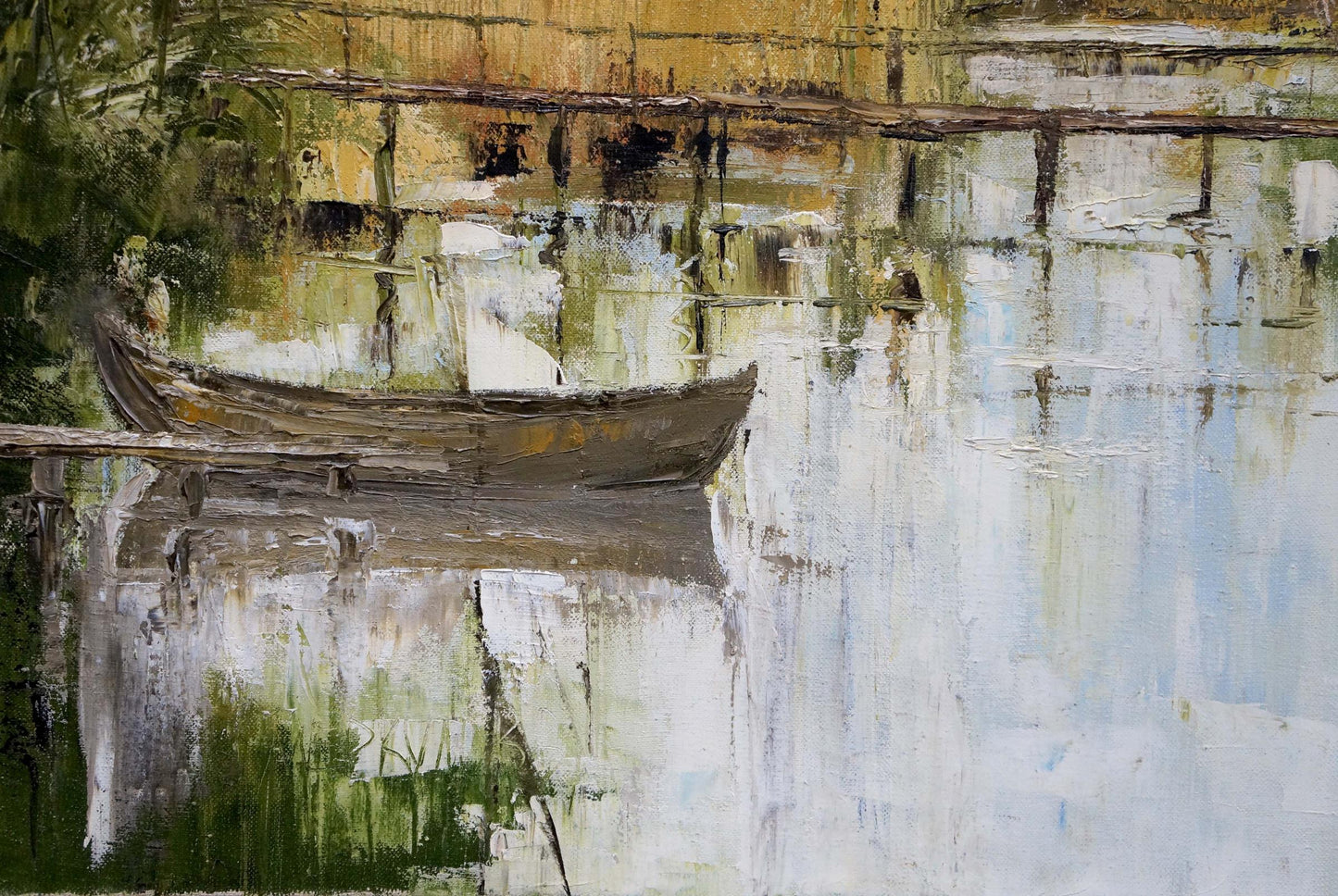 Oil painting of weathered rowboat under yellow pier by Merkulov Valentin Nikolaevich