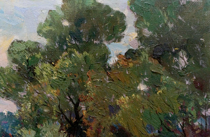 Oil painting Down the River: textured lush green trees with brushstrokes