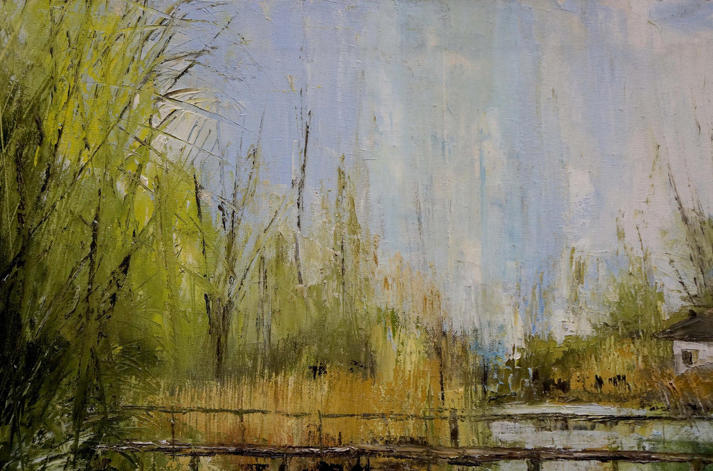 Textured impressionist oil painting of green reeds, distant house by Merkulov Valentin Nikolaevich