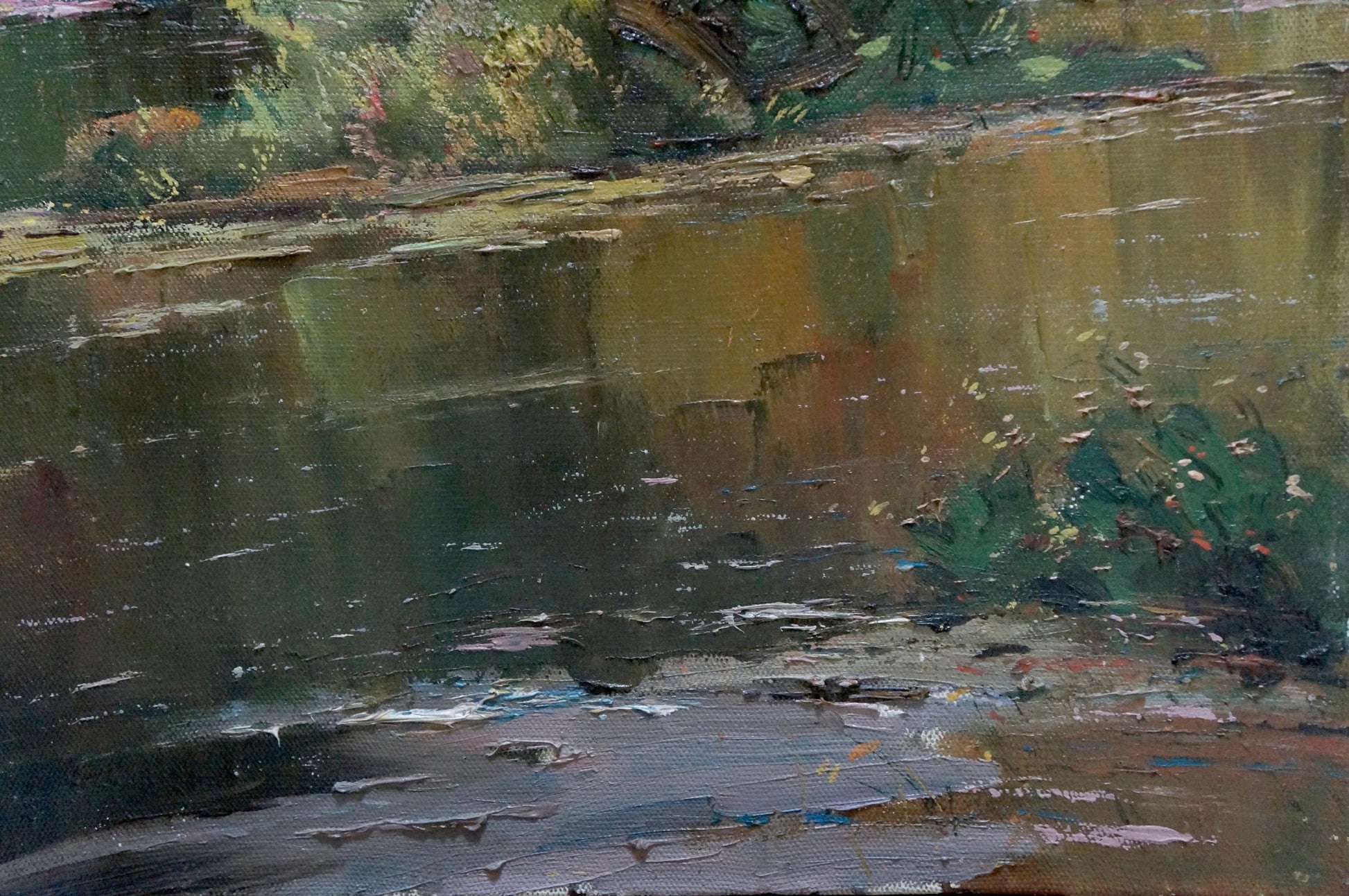 Textured impressionistic oil painting Down the river with riverbank foliage