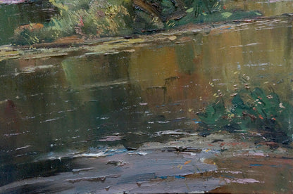Textured impressionistic oil painting Down the river with riverbank foliage