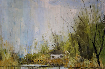 Oil painting of small white house by Merkulov Valentin Nikolaevich