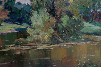 Oil painting Down the River: lush green foliage and reflective riverbank