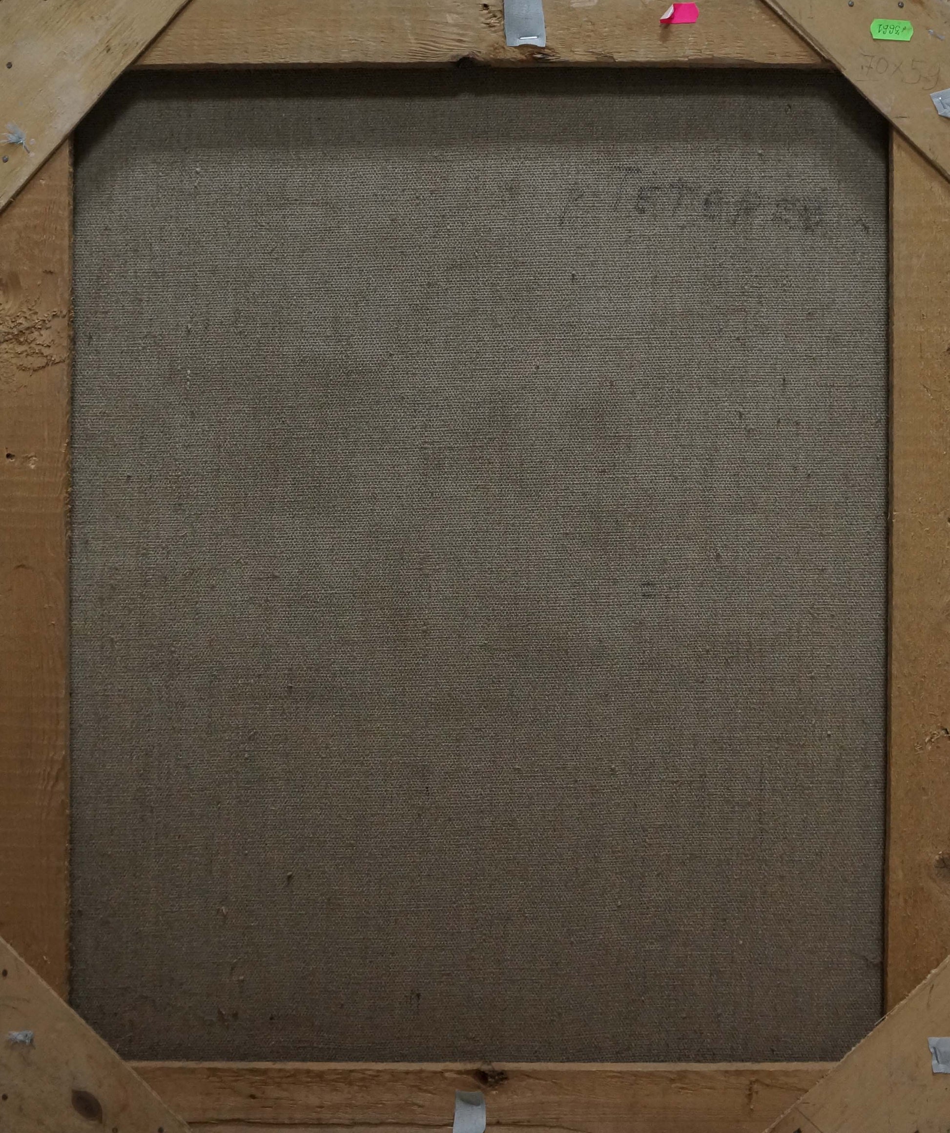 Back of Oil painting Down the river framed canvas with gray fabric and wood frame