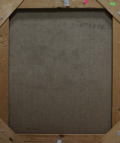 Back of Oil painting Down the river framed canvas with gray fabric and wood frame