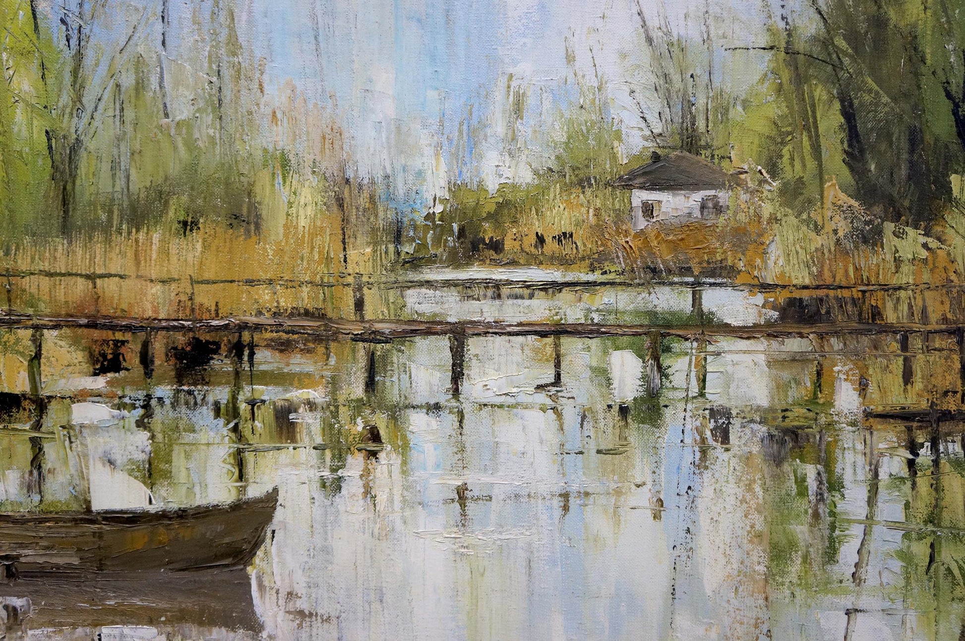Rustic rowboat at waters edge in Merkulov Valentin Nikolaevich oil painting