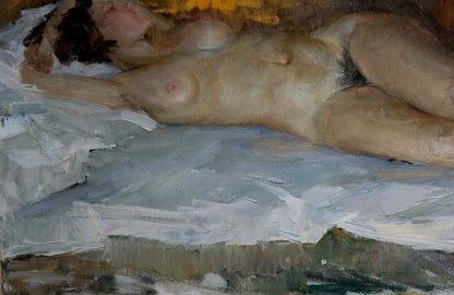 Impressionistic oil painting of nude Sleeping Girl by Korsun Leonid Vasilievich on light blue textured surface