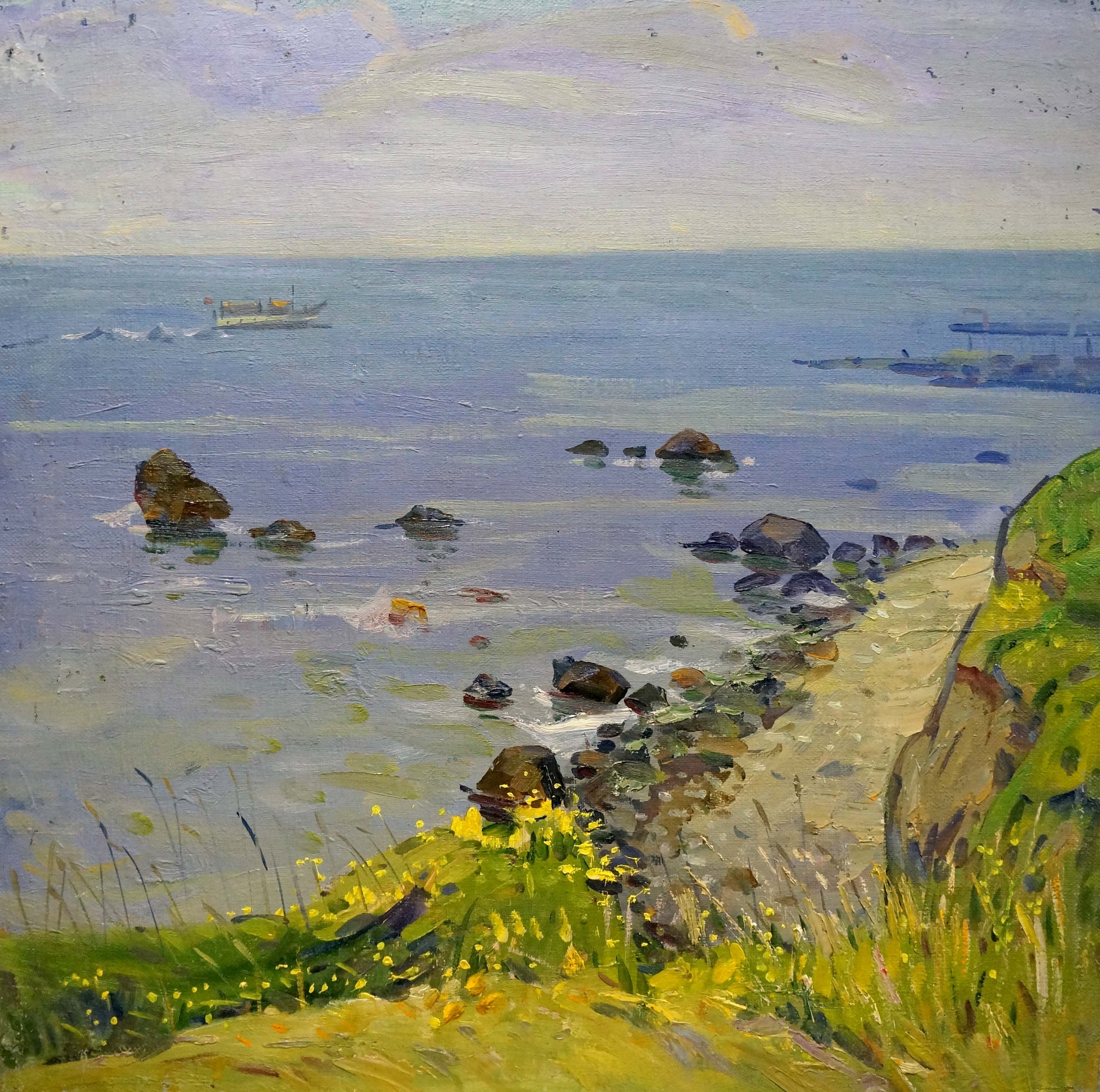 Serene coastal oil painting by Tyukha Ivan Andreevich, blues, greens, boat