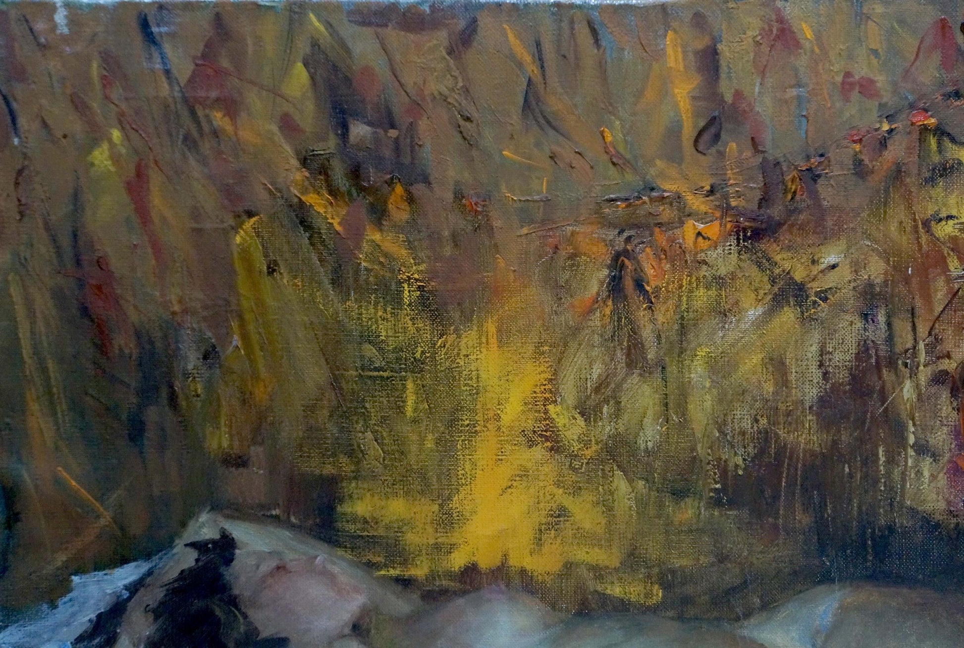 Oil painting Sleeping girl by Korsun Leonid Vasilievich, abstract yellow ochre strokes